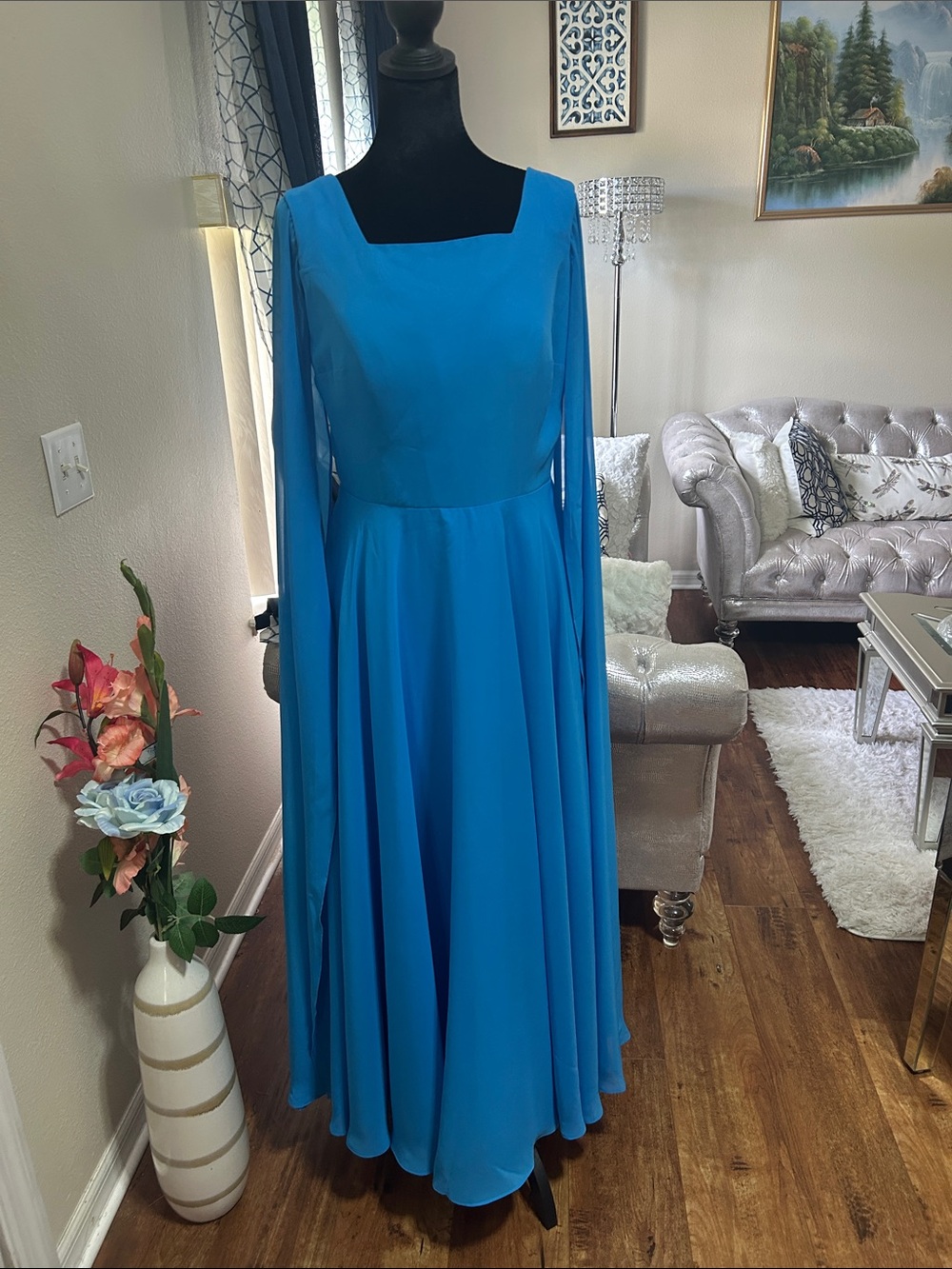 Women's Blue Square-Neck Long Sleeve Wedding Maxi Dress